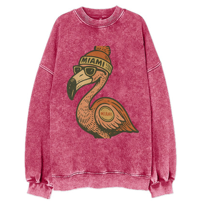 Miami Flamingo wearing Miami beanie with pom pom and wayfarer sunglasses - Vintage Sweatshirt - Pink