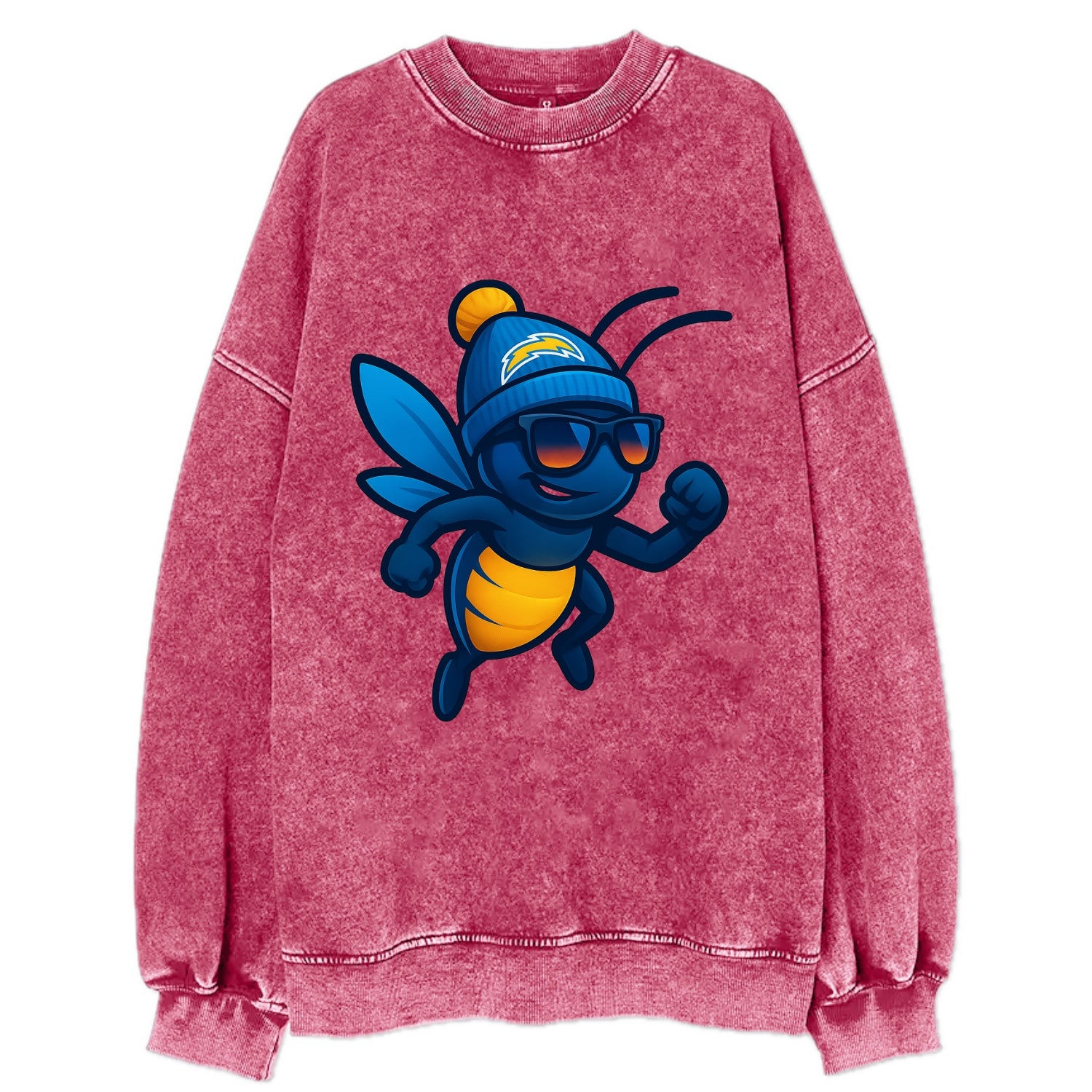 LA Lightning Bug wearing Chargers powder blue and gold beanie with pom pom and - Vintage Sweatshirt - Pink