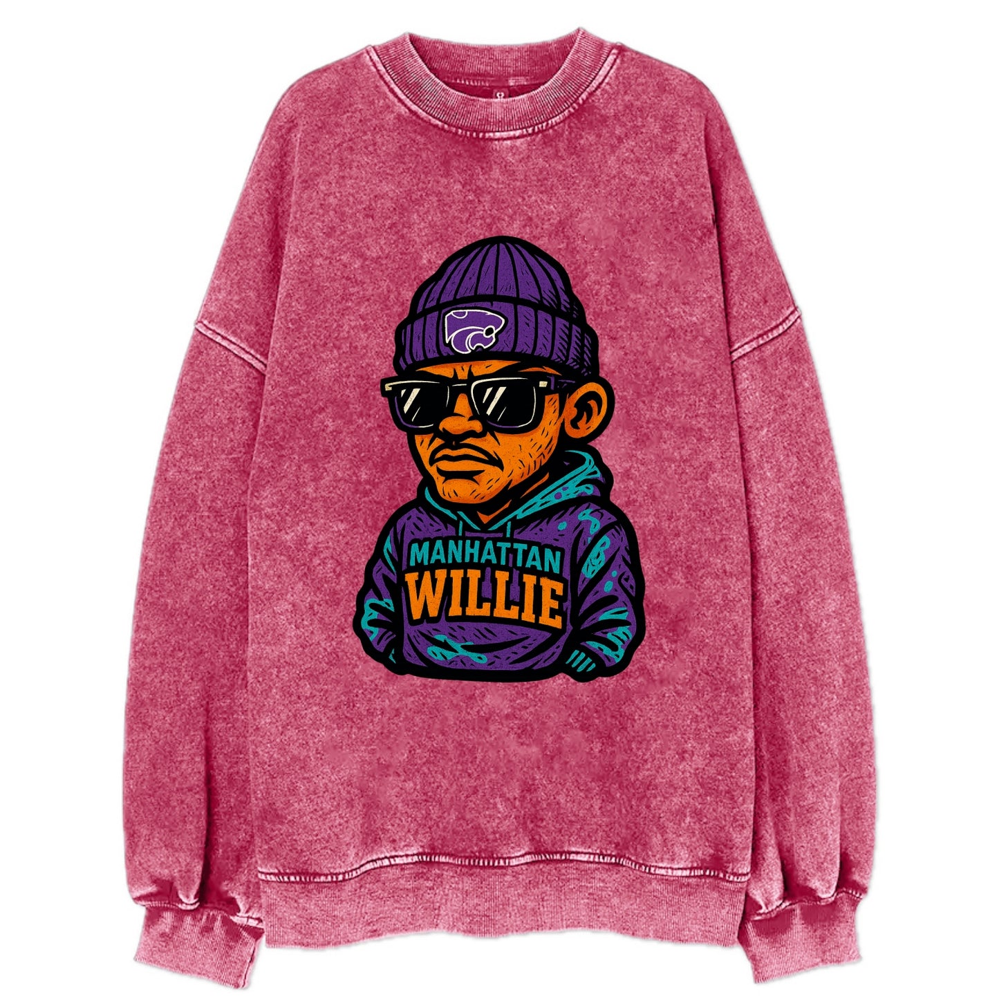 Manhattan Willie wearing Kansas State beanie with powercat patch - Vintage Sweatshirt - Pink