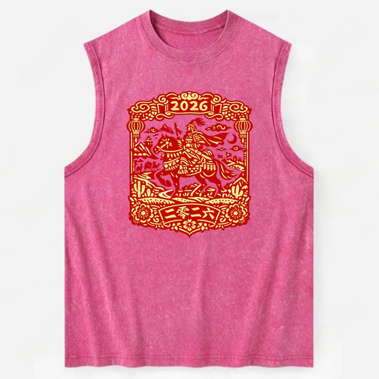 HORSE AND RIDER | Traditional Chinese warrior on horseback | Silk Road - Vintage Washed Tank - Pink