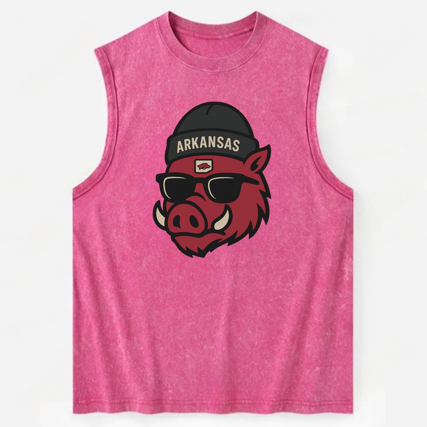 Fayetteville Razorback wearing Arkansas beanie with hog patch - Vintage Washed Tank - Pink
