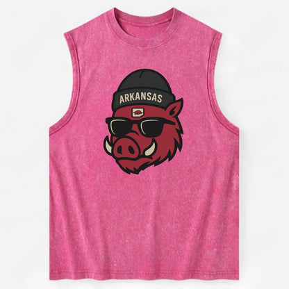 Fayetteville Razorback wearing Arkansas beanie with hog patch - Vintage Washed Tank - Pink