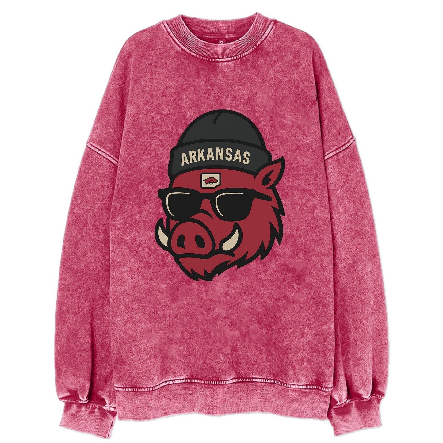 Fayetteville Razorback wearing Arkansas beanie with hog patch - Vintage Sweatshirt - Pink