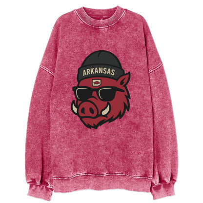 Fayetteville Razorback wearing Arkansas beanie with hog patch - Vintage Sweatshirt - Pink