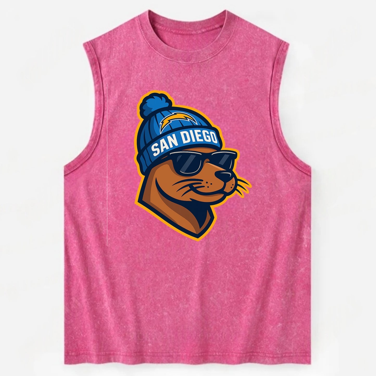 San Diego Sea Lion wearing Chargers beanie with bolt patch and wayfarer - Vintage Washed Tank - Pink