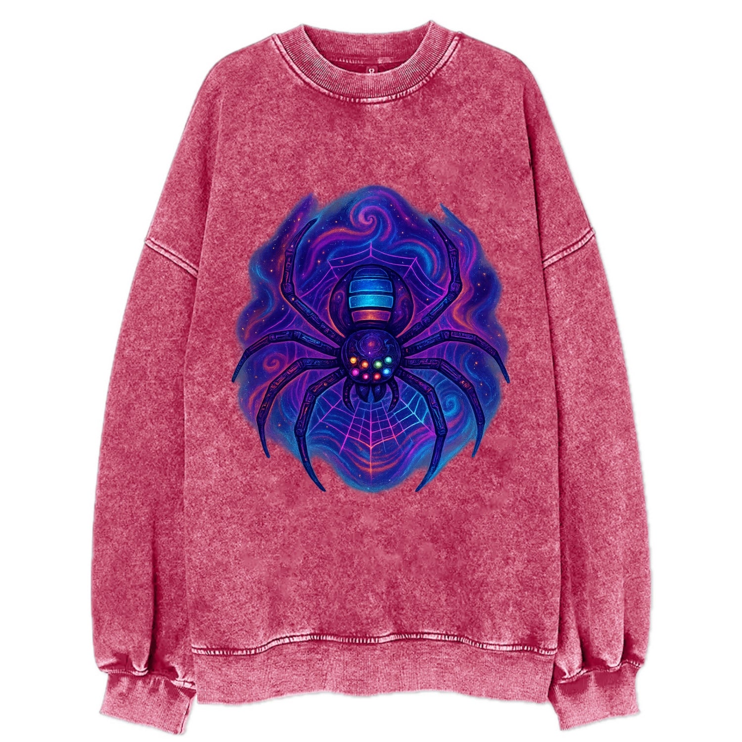 Tech spider with legs showing circuit board patterns, web glowing in neon grid - Vintage Sweatshirt - Pink