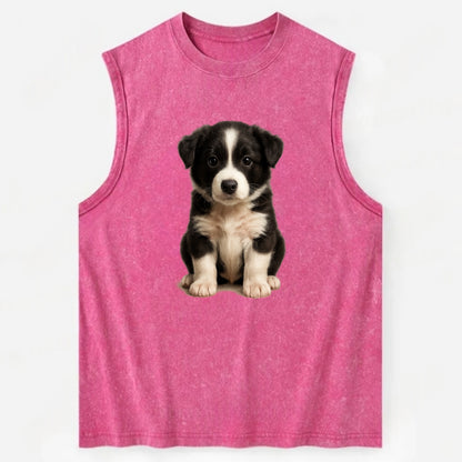Baby Border Collie Puppy - black and white, intense smart eyes, athletic - Vintage Washed Tank - Pink