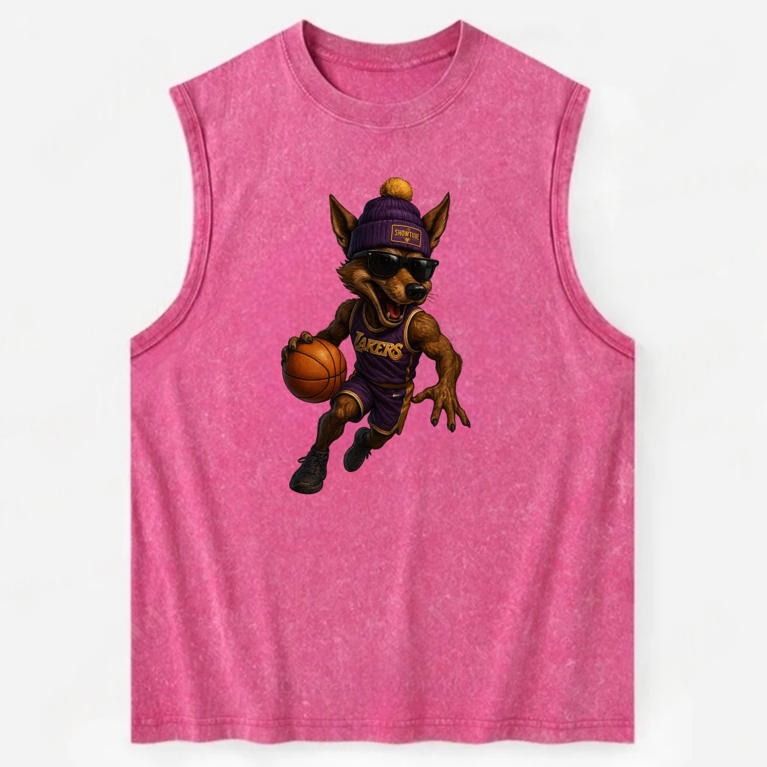 Hollywood Coyote wearing Lakers beanie with Showtime patch and wayfarer - Vintage Washed Tank - Pink