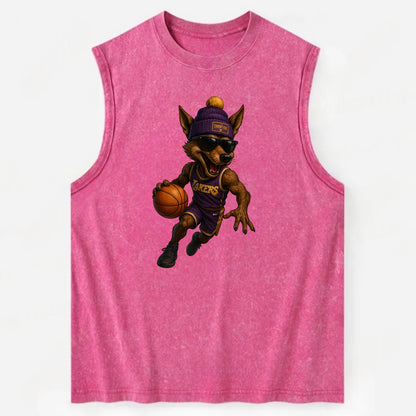 Hollywood Coyote wearing Lakers beanie with Showtime patch and wayfarer - Vintage Washed Tank - Pink