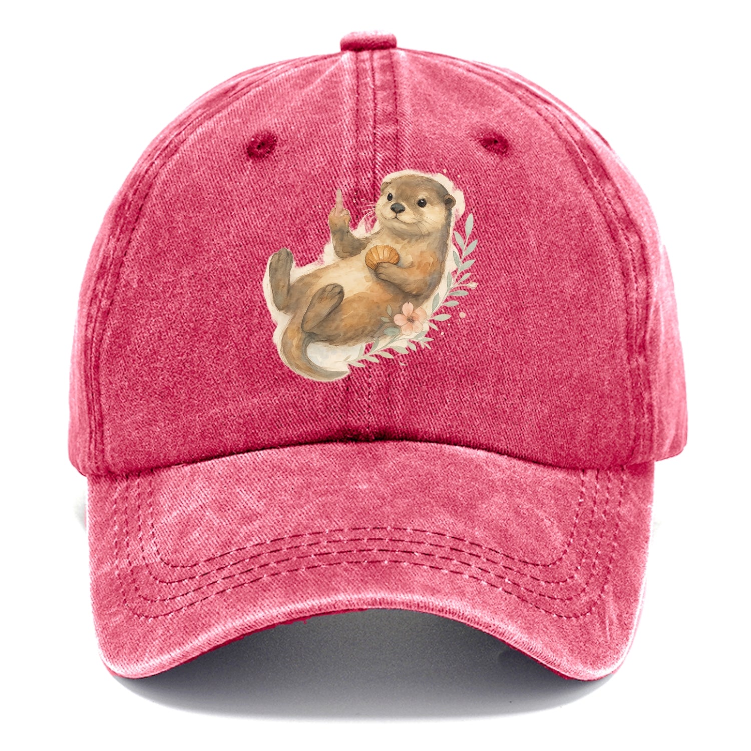 adorable otter floating on back, middle finger up while holding a shellfish - Classic Cap - Pomegranate Blush(Pink)