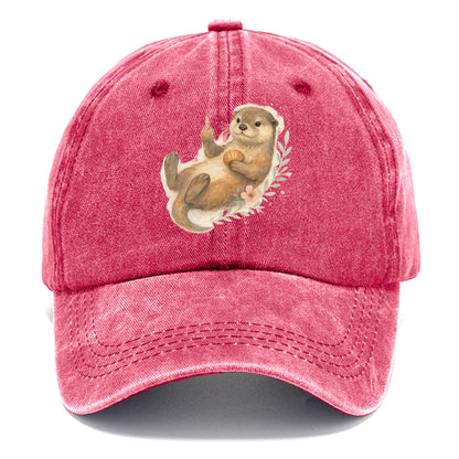 adorable otter floating on back, middle finger up while holding a shellfish - Classic Cap - Pomegranate Blush(Pink)