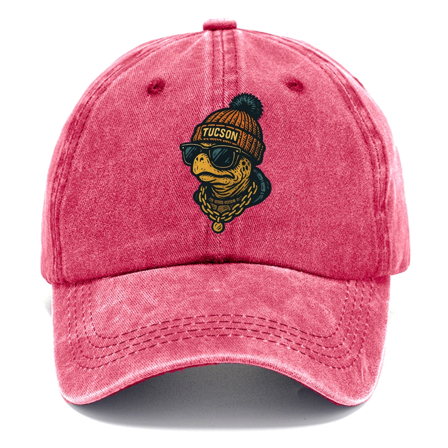 Tucson Desert Tortoise wearing Tucson beanie with pom pom and wayfarer sunglasses - Classic Cap - Pomegranate Blush(Pink)