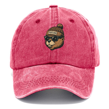 Portland Beaver wearing Portland beanie with pom pom and wayfarer sunglasses - Classic Cap - Pomegranate Blush(Pink)