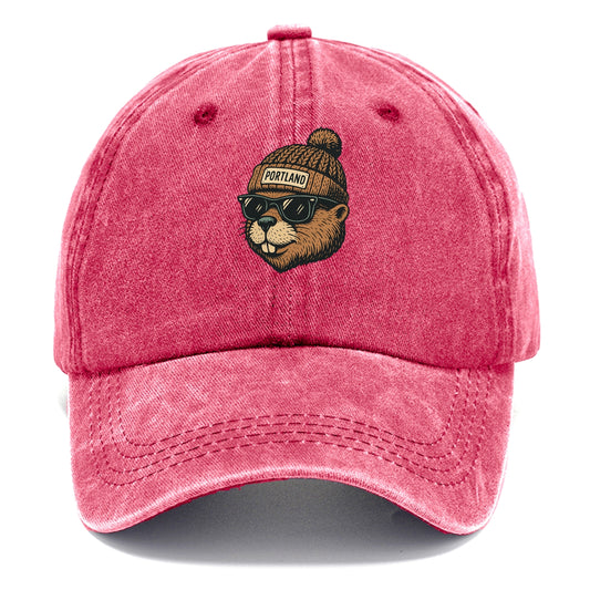 Portland Beaver wearing Portland beanie with pom pom and wayfarer sunglasses - Classic Cap - Pomegranate Blush(Pink)