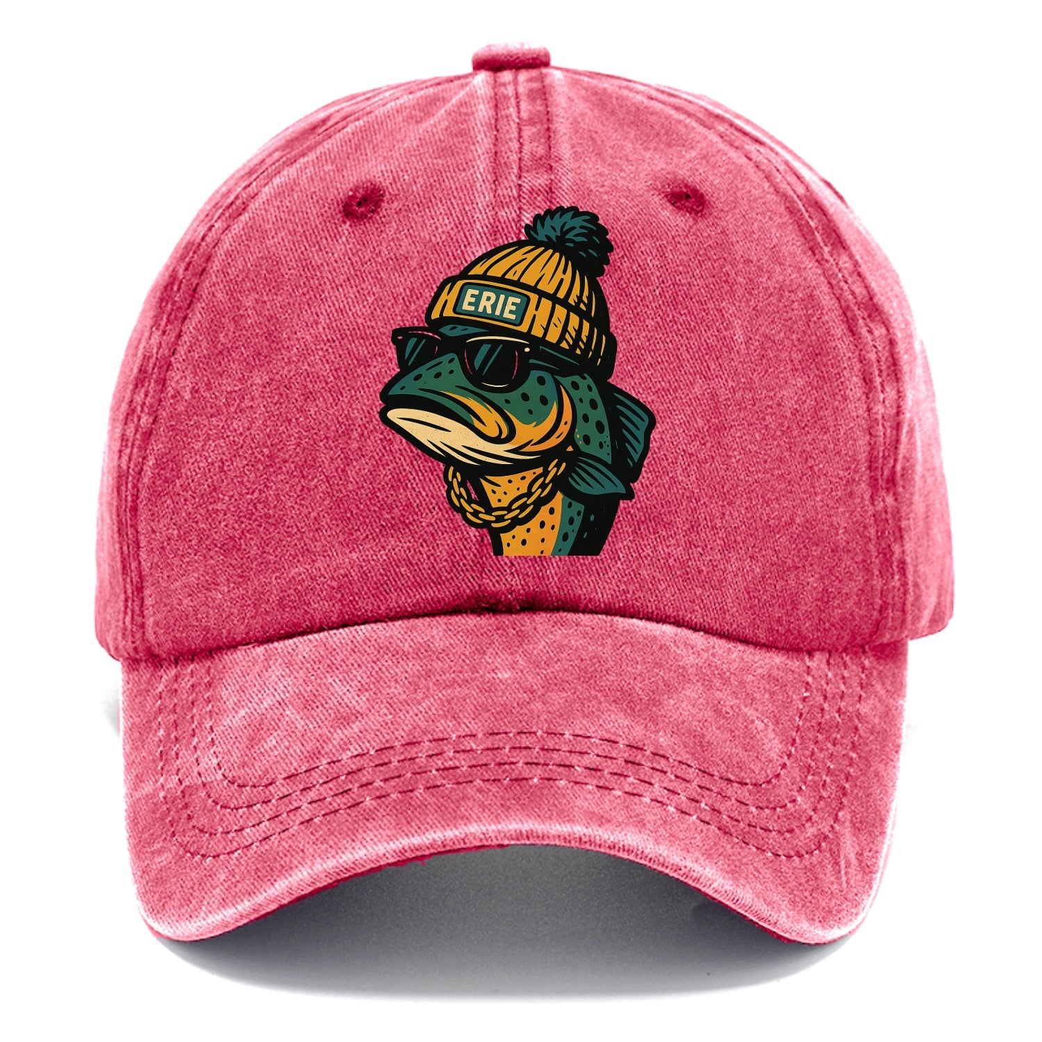Erie Lake Trout wearing Erie beanie with pom pom and wayfarer sunglasses - Classic Cap - Pomegranate Blush(Pink)