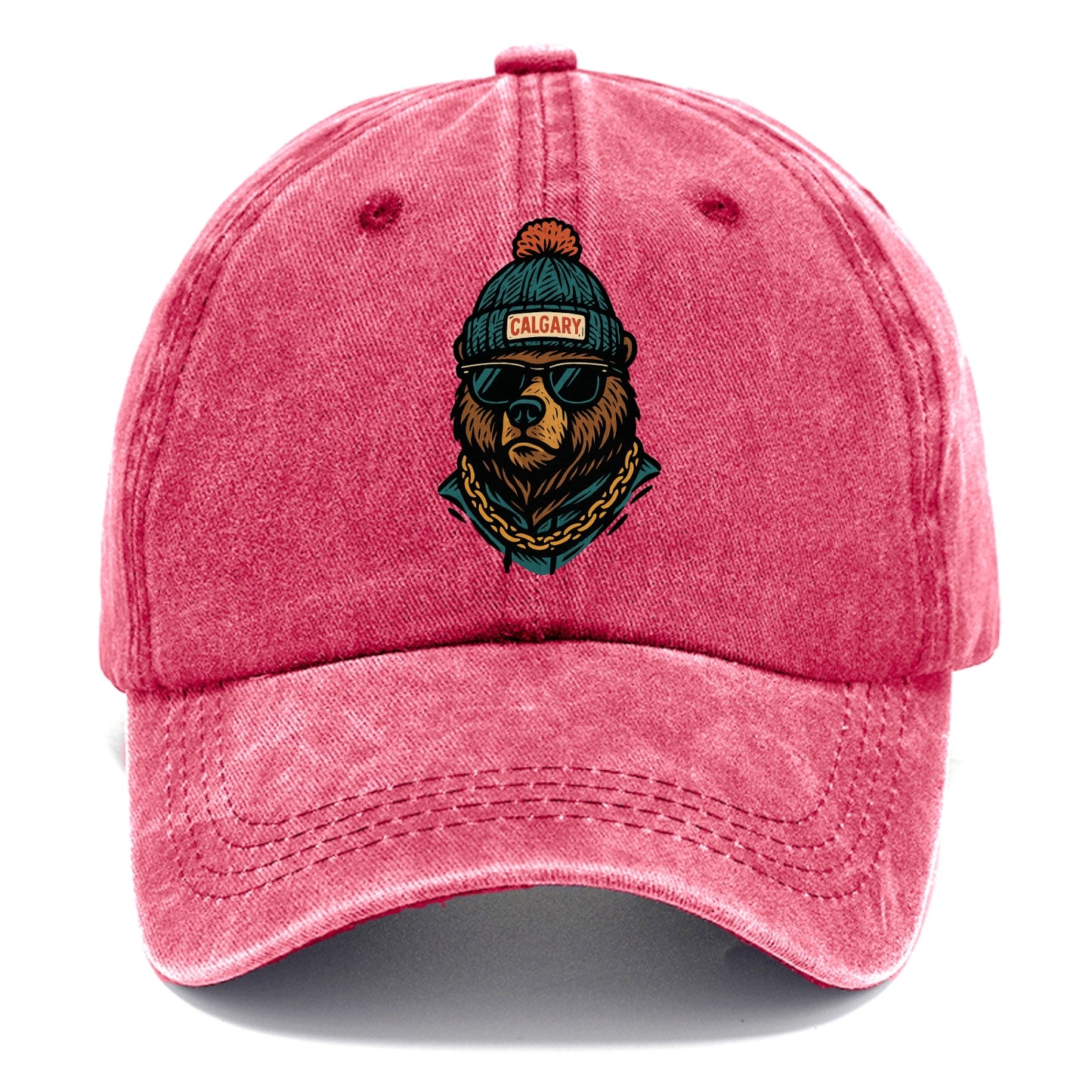 Calgary Grizzly Bear wearing Calgary beanie with pom pom and wayfarer sunglasses - Classic Cap - Pomegranate Blush(Pink)