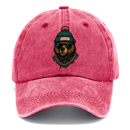 Calgary Grizzly Bear wearing Calgary beanie with pom pom and wayfarer sunglasses - Classic Cap - Pomegranate Blush(Pink)