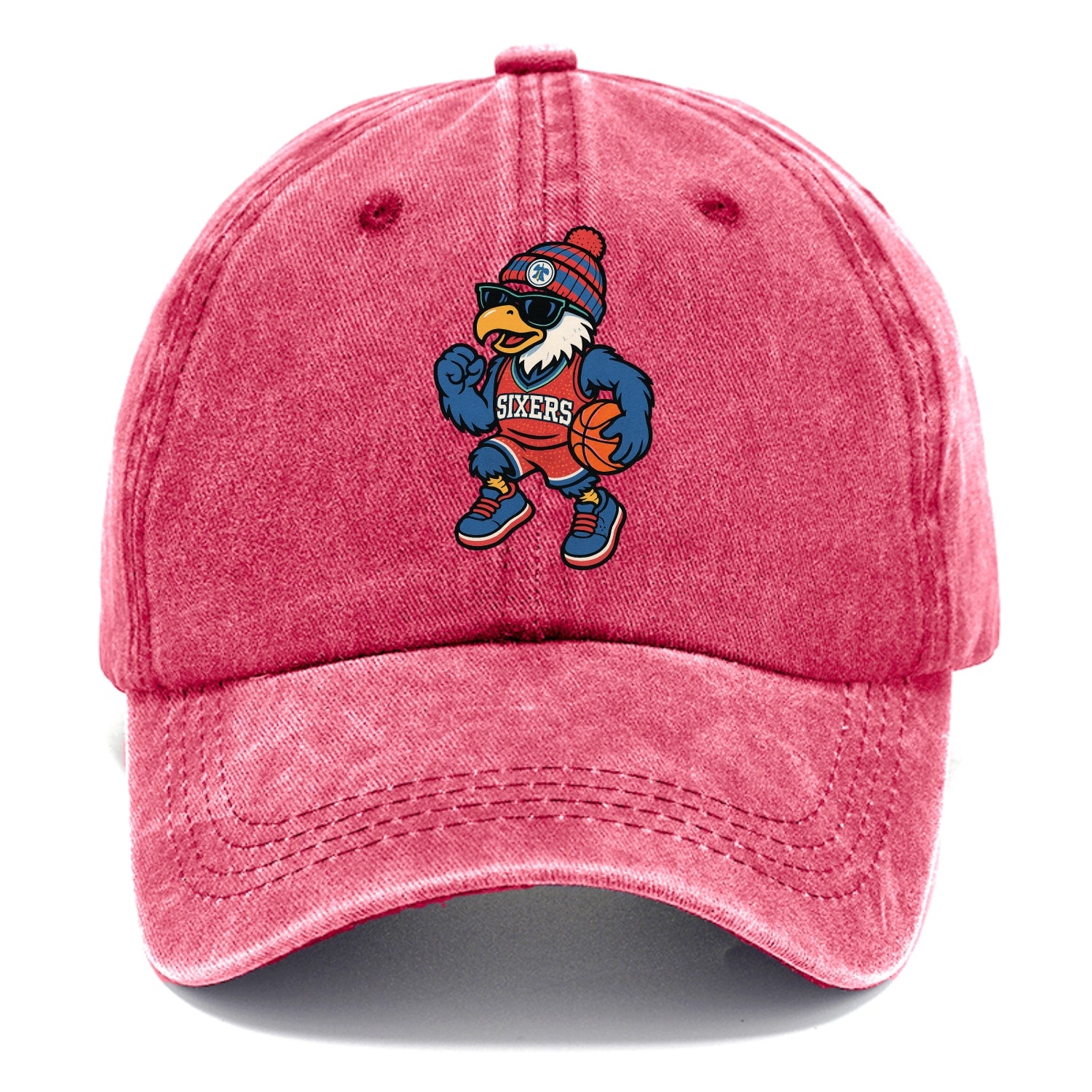 Philadelphia Eagle wearing 76ers red white and blue beanie with bell patch and - Classic Cap - Pomegranate Blush(Pink)
