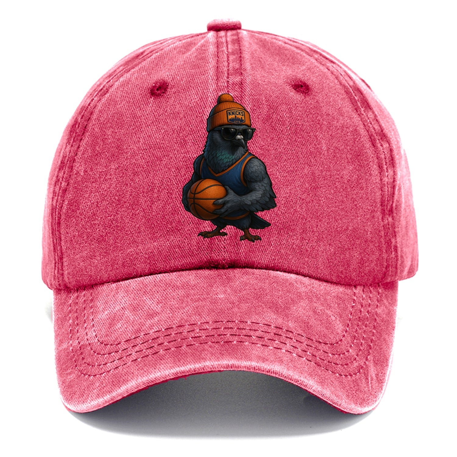 Manhattan Pigeon wearing Knicks beanie with skyline patch and wayfarer sunglasses - Classic Cap - Pomegranate Blush(Pink)