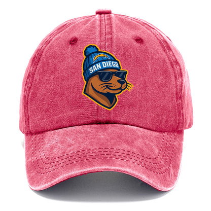San Diego Sea Lion wearing Chargers beanie with bolt patch and wayfarer sunglasses - Classic Cap - Pomegranate Blush(Pink)