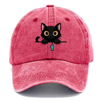 Midnight the black cat holding a tiny yarn ball between both paws while peeking. - Classic Cap - Pomegranate Blush(Pink)