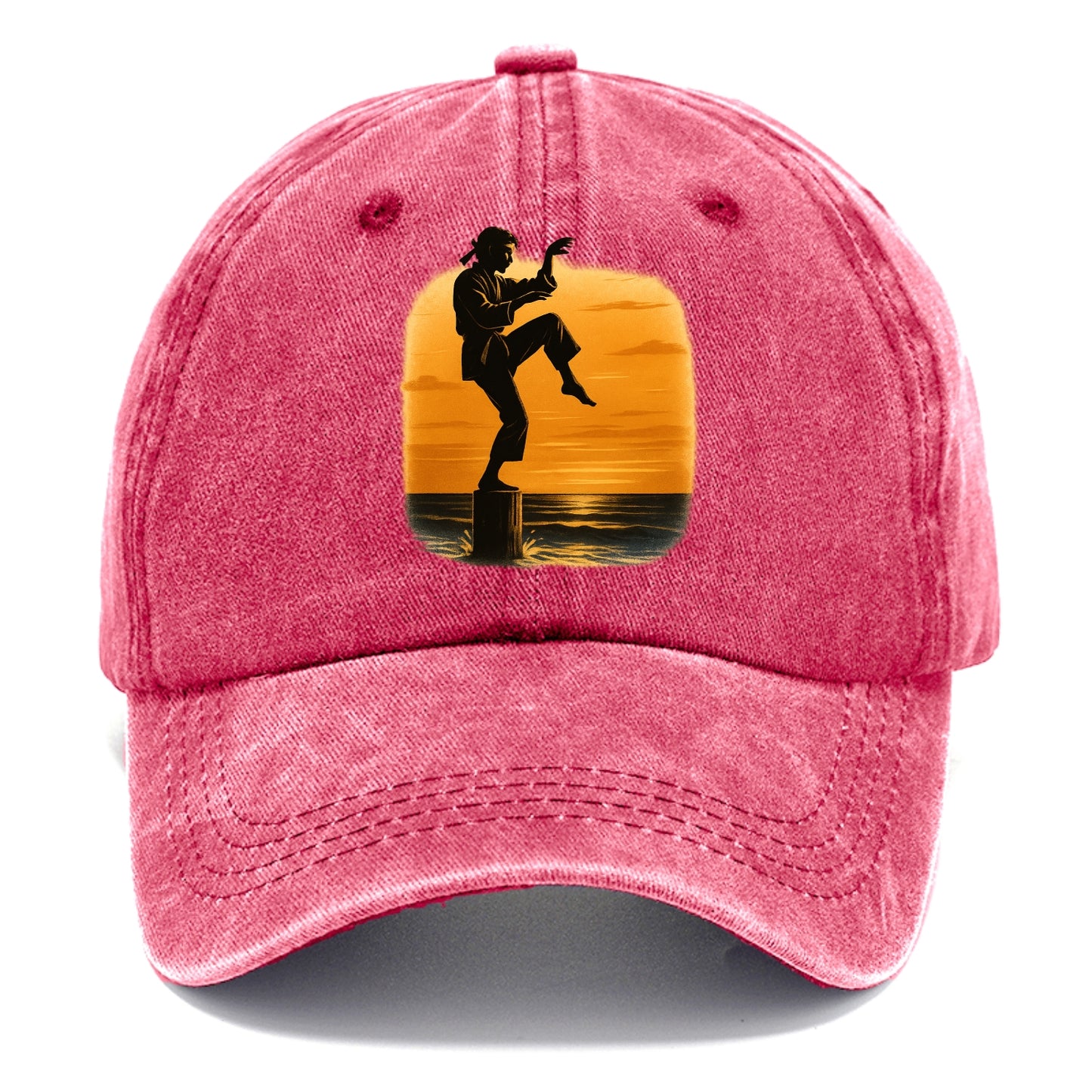 karate crane kick pose on wooden post at beach sunset - Classic Cap - Pomegranate Blush(Pink)