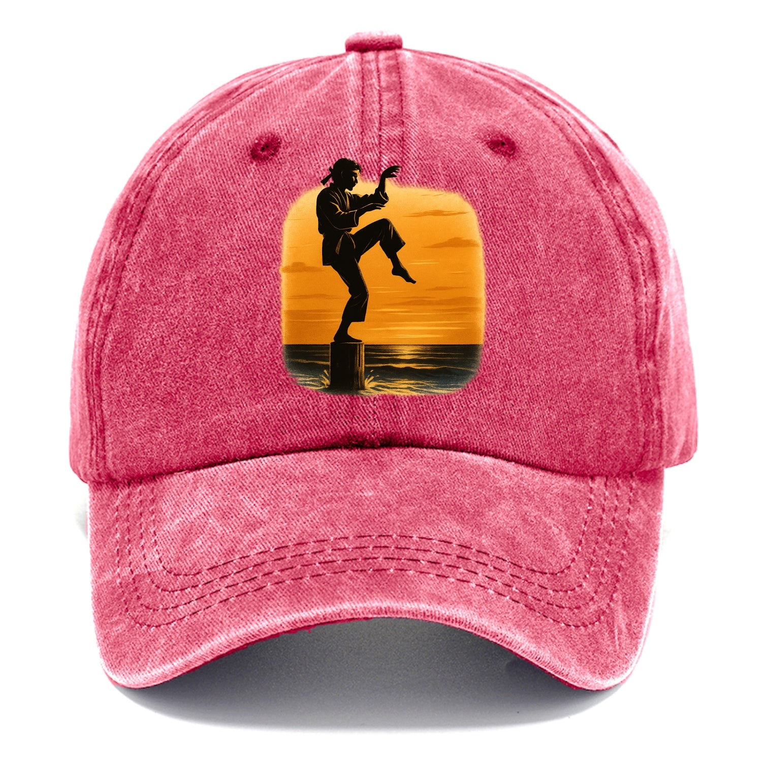 karate crane kick pose on wooden post at beach sunset - Classic Cap - Pomegranate Blush(Pink)