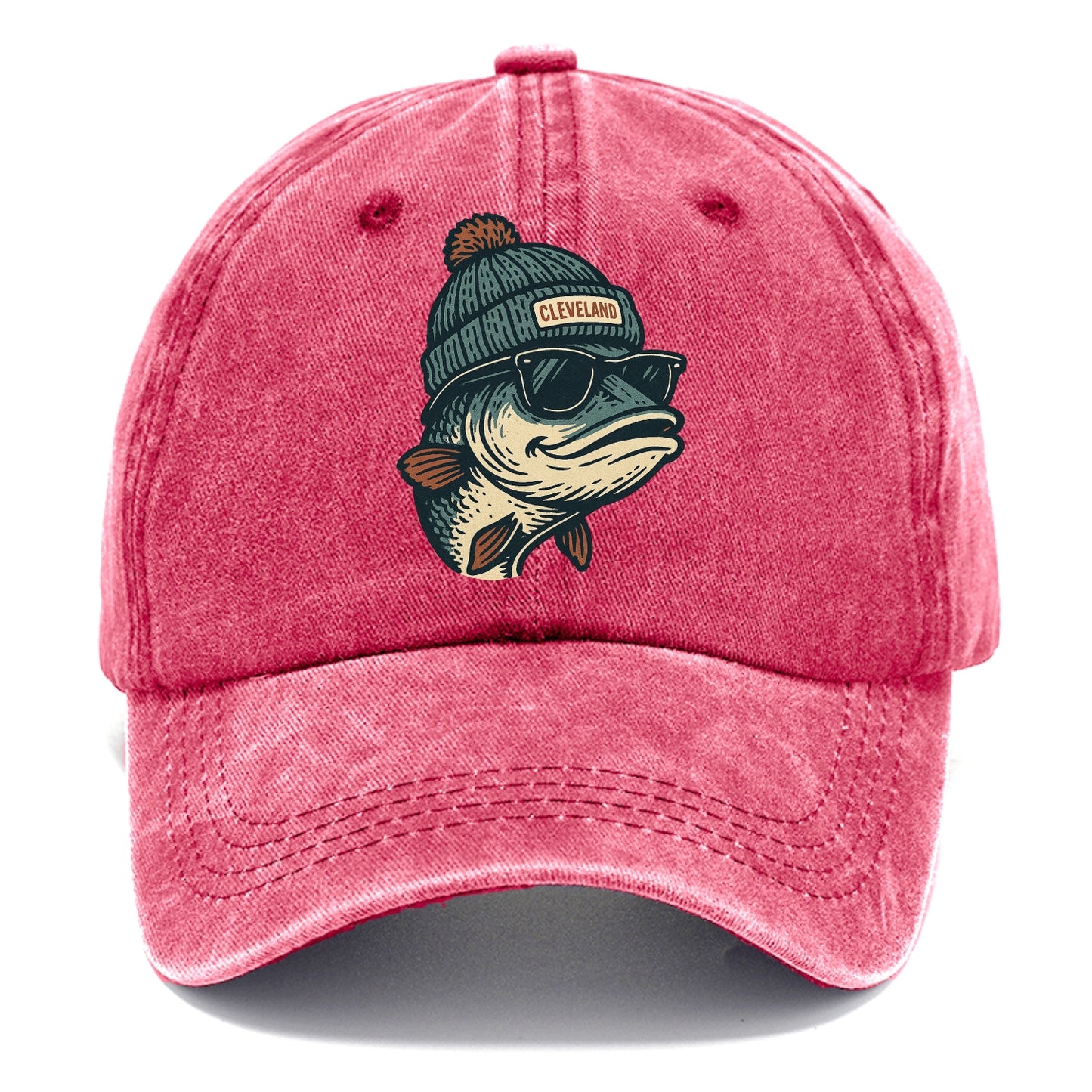 Cleveland Lake Erie Walleye wearing Cleveland beanie with pom pom and wayfarer - Classic Cap - Pomegranate Blush(Pink)