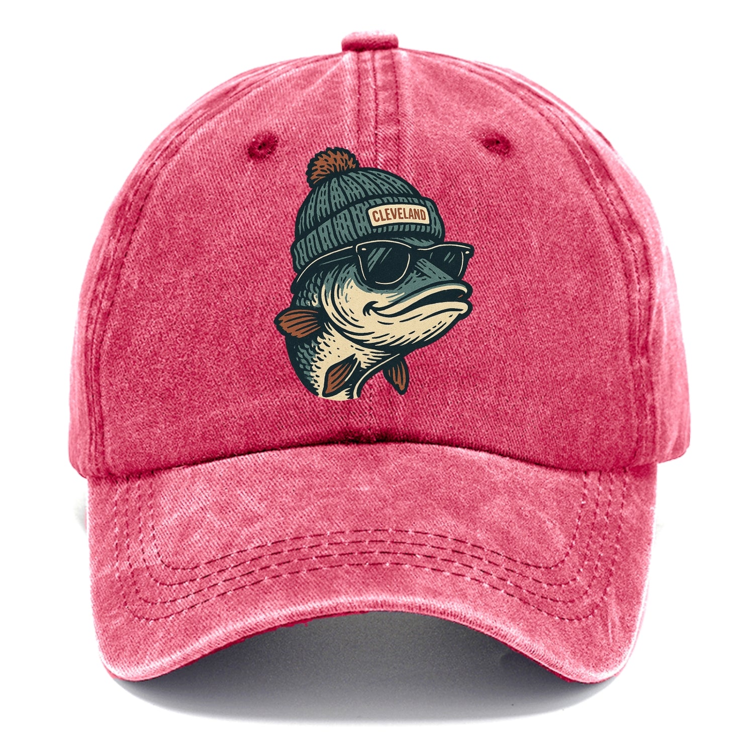 Cleveland Lake Erie Walleye wearing Cleveland beanie with pom pom and wayfarer - Classic Cap - Pomegranate Blush(Pink)