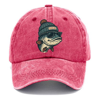 Cleveland Lake Erie Walleye wearing Cleveland beanie with pom pom and wayfarer - Classic Cap - Pomegranate Blush(Pink)
