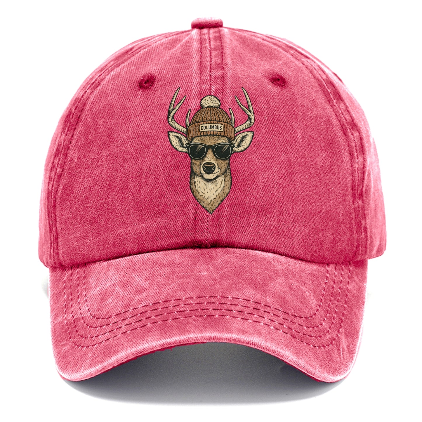 Ohio White-tailed Deer wearing Columbus beanie with pom pom and wayfarer sunglasses - Classic Cap - Pomegranate Blush(Pink)