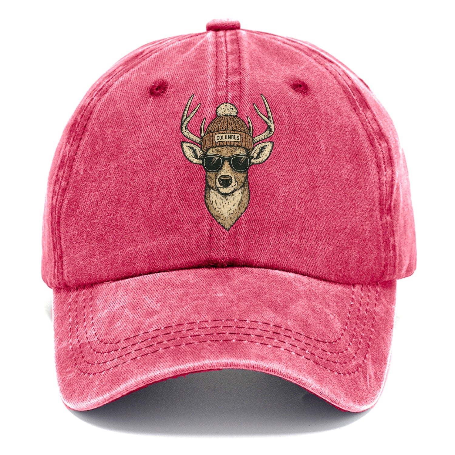 Ohio White-tailed Deer wearing Columbus beanie with pom pom and wayfarer sunglasses - Classic Cap - Pomegranate Blush(Pink)