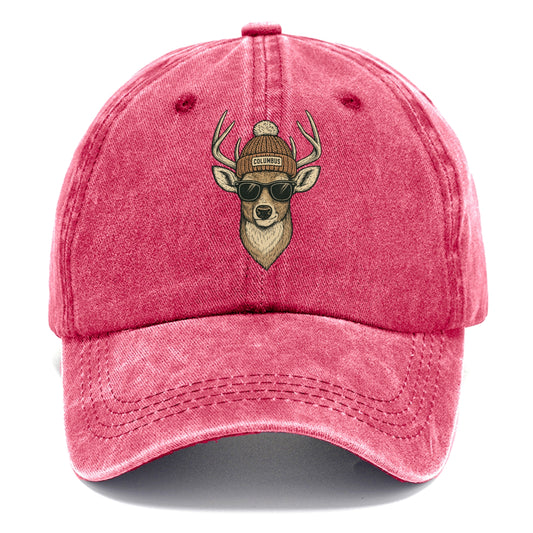 Ohio White-tailed Deer wearing Columbus beanie with pom pom and wayfarer sunglasses - Classic Cap - Pomegranate Blush(Pink)
