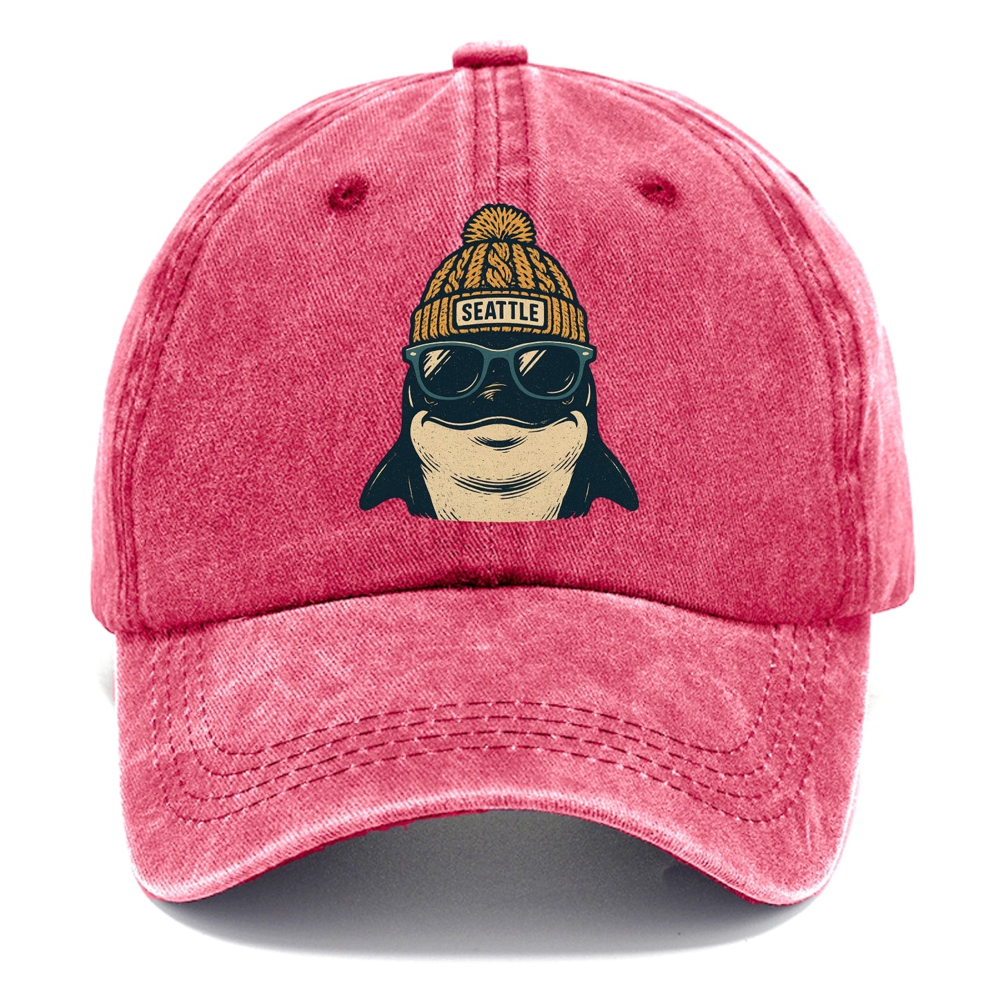 Seattle Orca wearing Seattle beanie with pom pom and wayfarer sunglasses - Classic Cap - Pomegranate Blush(Pink)