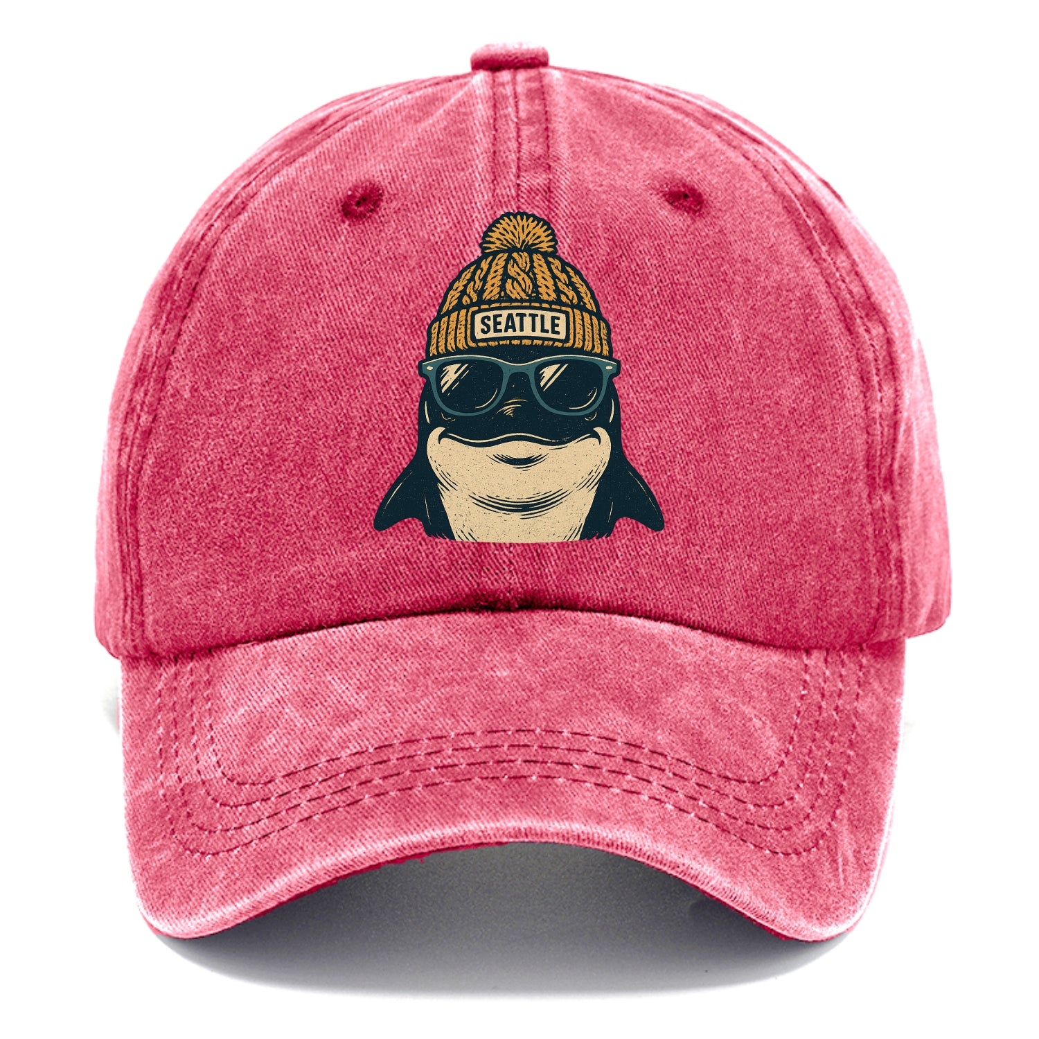 Seattle Orca wearing Seattle beanie with pom pom and wayfarer sunglasses - Classic Cap - Pomegranate Blush(Pink)