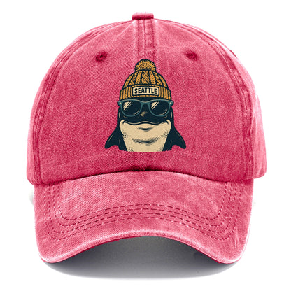 Seattle Orca wearing Seattle beanie with pom pom and wayfarer sunglasses - Classic Cap - Pomegranate Blush(Pink)