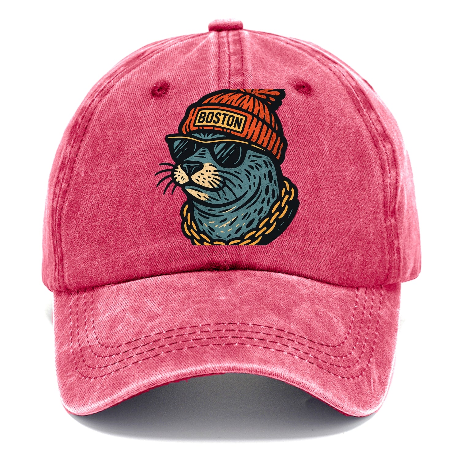 Boston Harbor Seal wearing Boston beanie with pom pom and wayfarer sunglasses - Classic Cap - Pomegranate Blush(Pink)