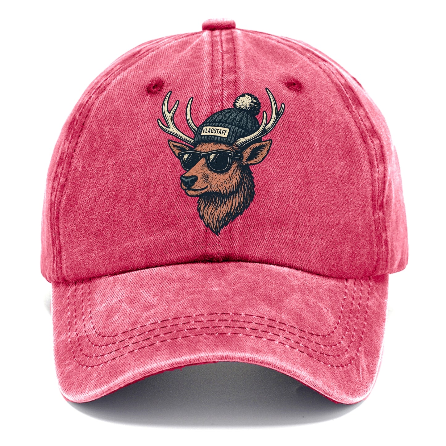 Flagstaff Elk wearing Flagstaff beanie with pom pom and wayfarer sunglasses - Classic Cap - Pomegranate Blush(Pink)