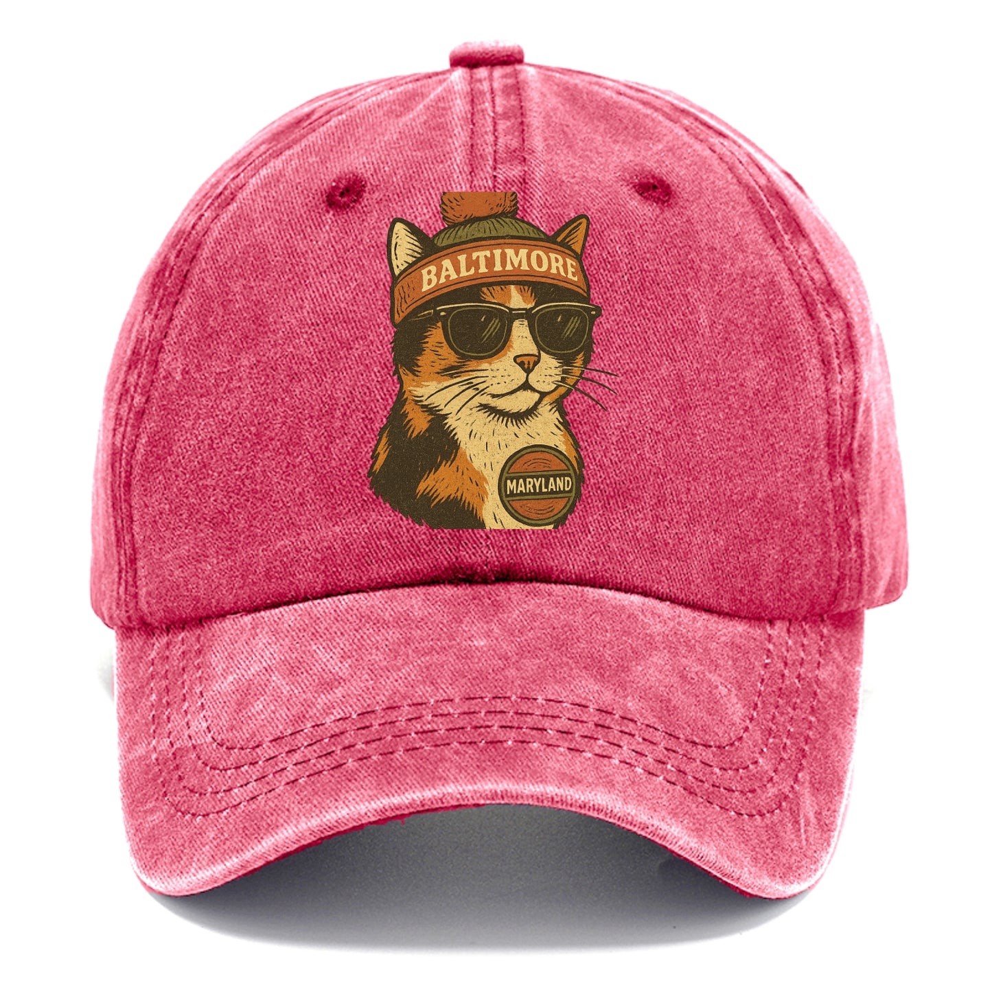 Maryland Calico Cat wearing Baltimore beanie with pom pom and wayfarer sunglasses - Classic Cap - Pomegranate Blush(Pink)