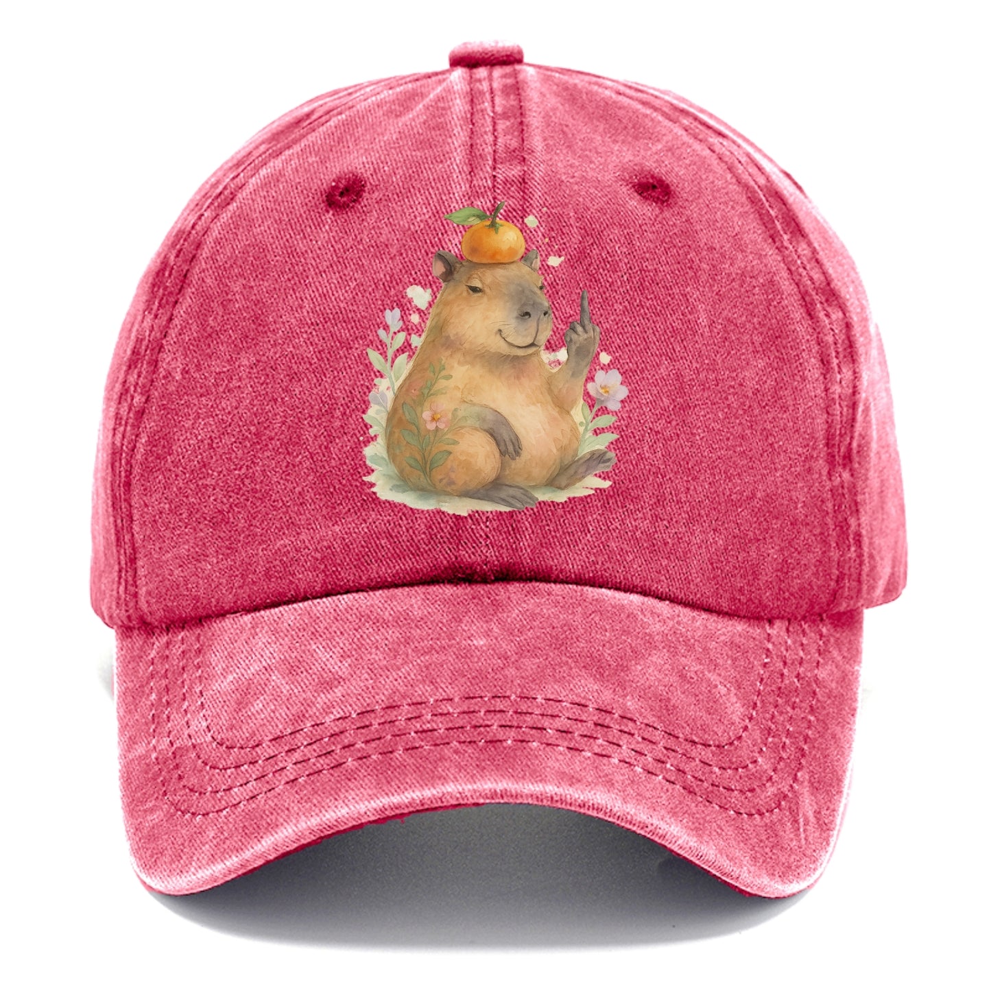 chonky capybara relaxing with orange on head, one webbed middle finger up - Classic Cap - Pomegranate Blush(Pink)