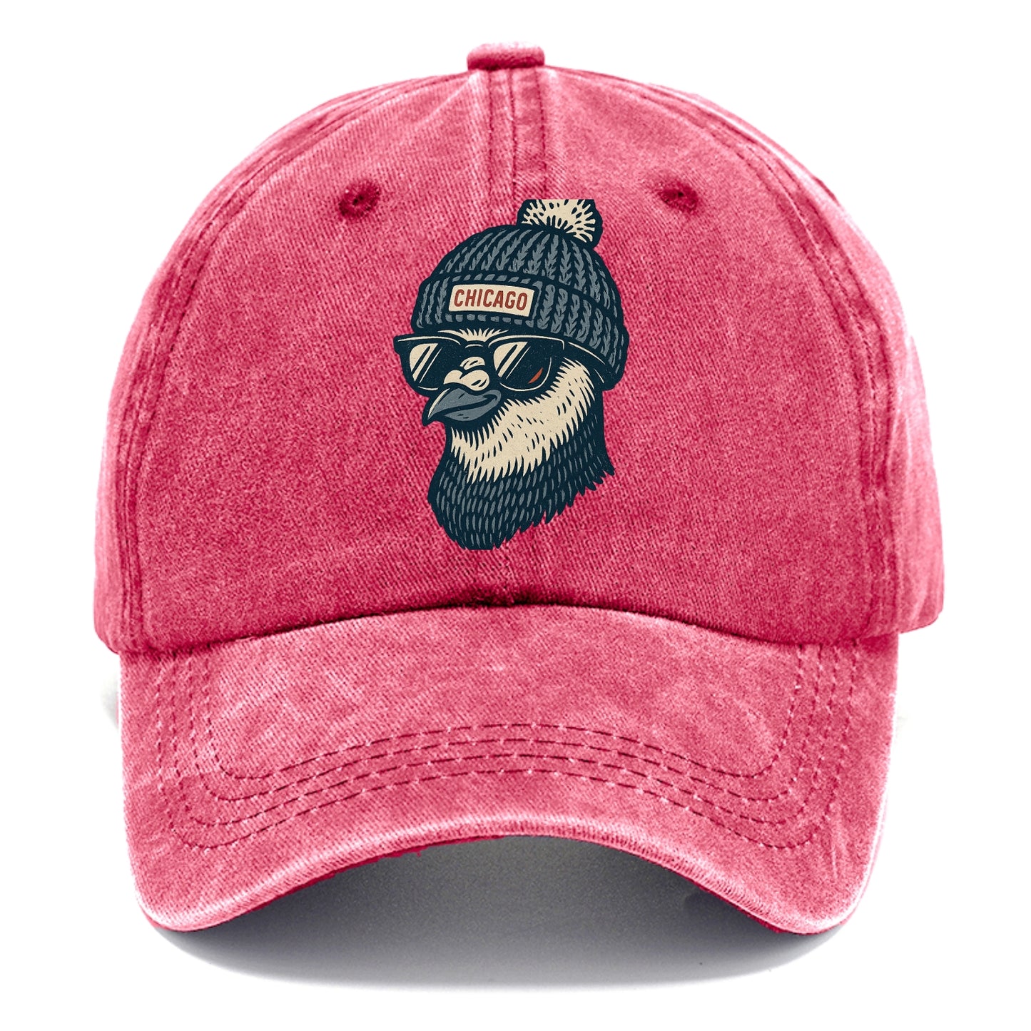 Chicago Pigeon wearing Chicago beanie with pom pom and wayfarer sunglasses - Classic Cap - Pomegranate Blush(Pink)