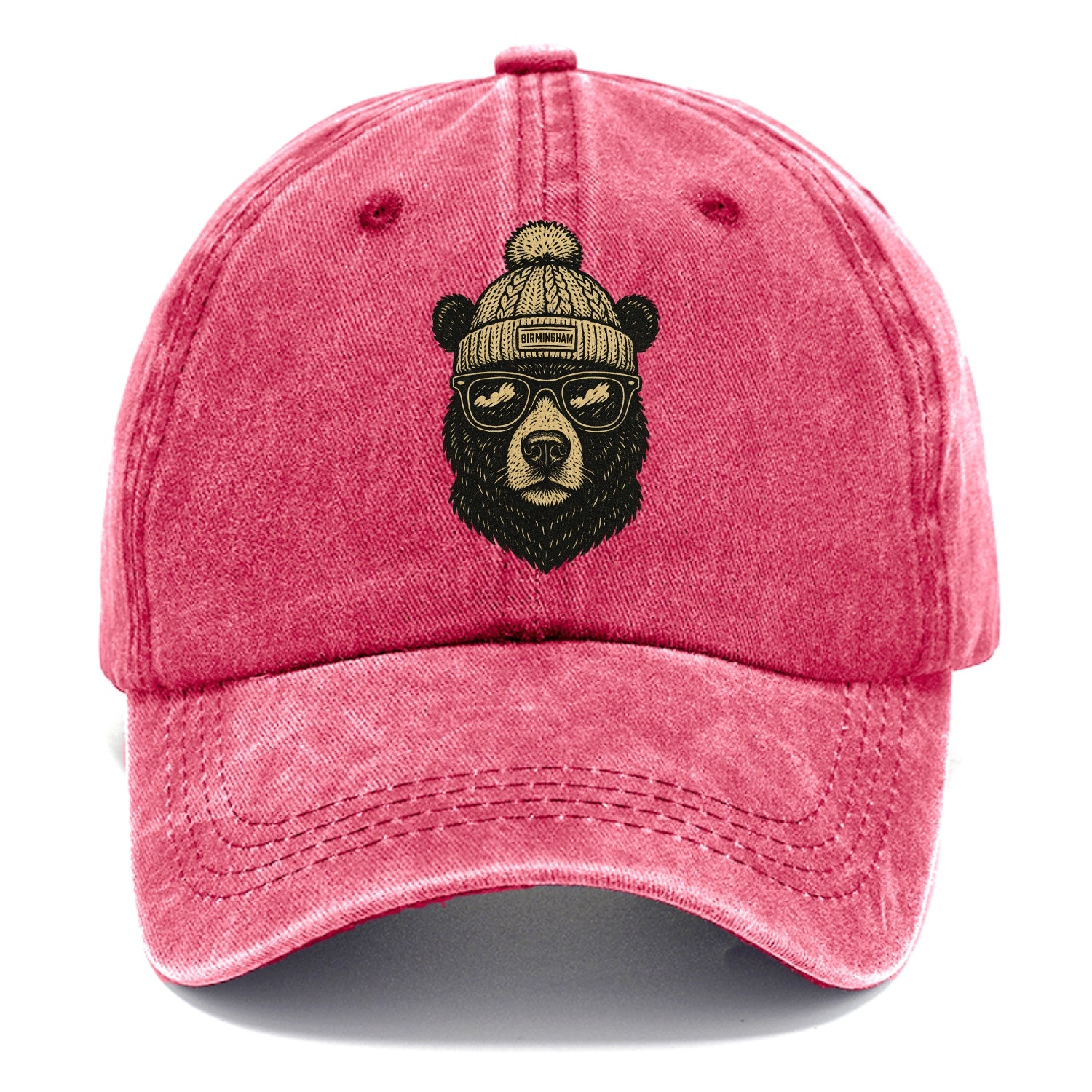 Alabama Black Bear wearing Birmingham beanie with pom pom and wayfarer sunglasses - Classic Cap - Pomegranate Blush(Pink)