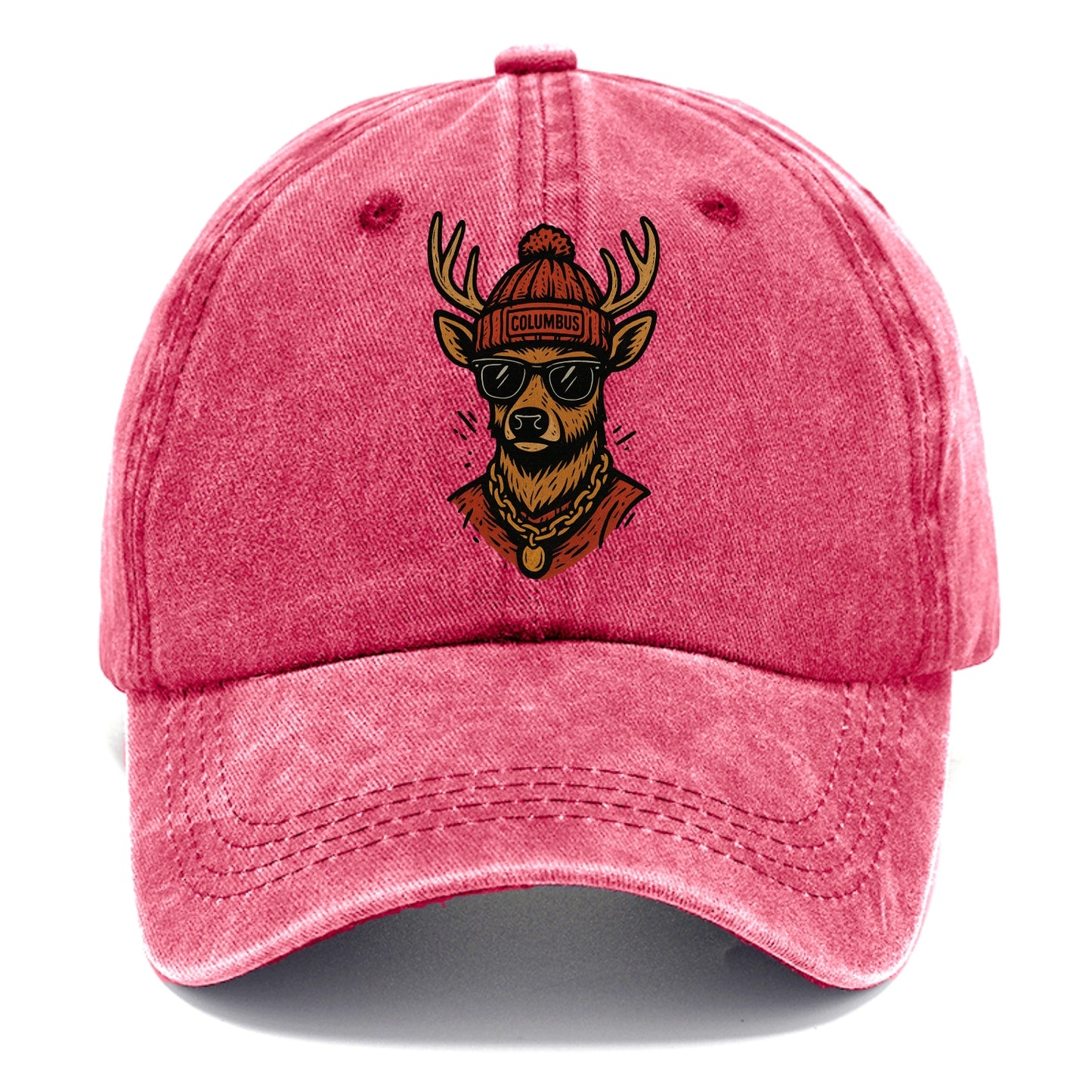 Columbus White-tailed Deer wearing Columbus beanie with pom pom and wayfarer - Classic Cap - Pomegranate Blush(Pink)