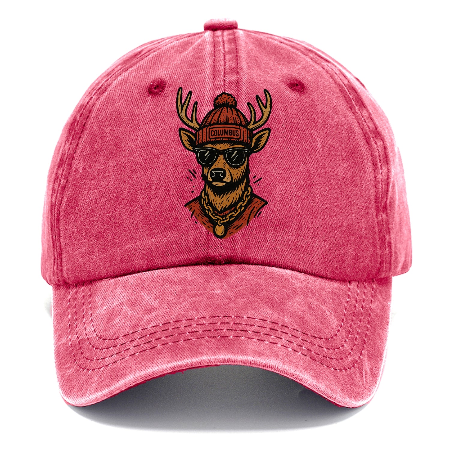 Columbus White-tailed Deer wearing Columbus beanie with pom pom and wayfarer - Classic Cap - Pomegranate Blush(Pink)