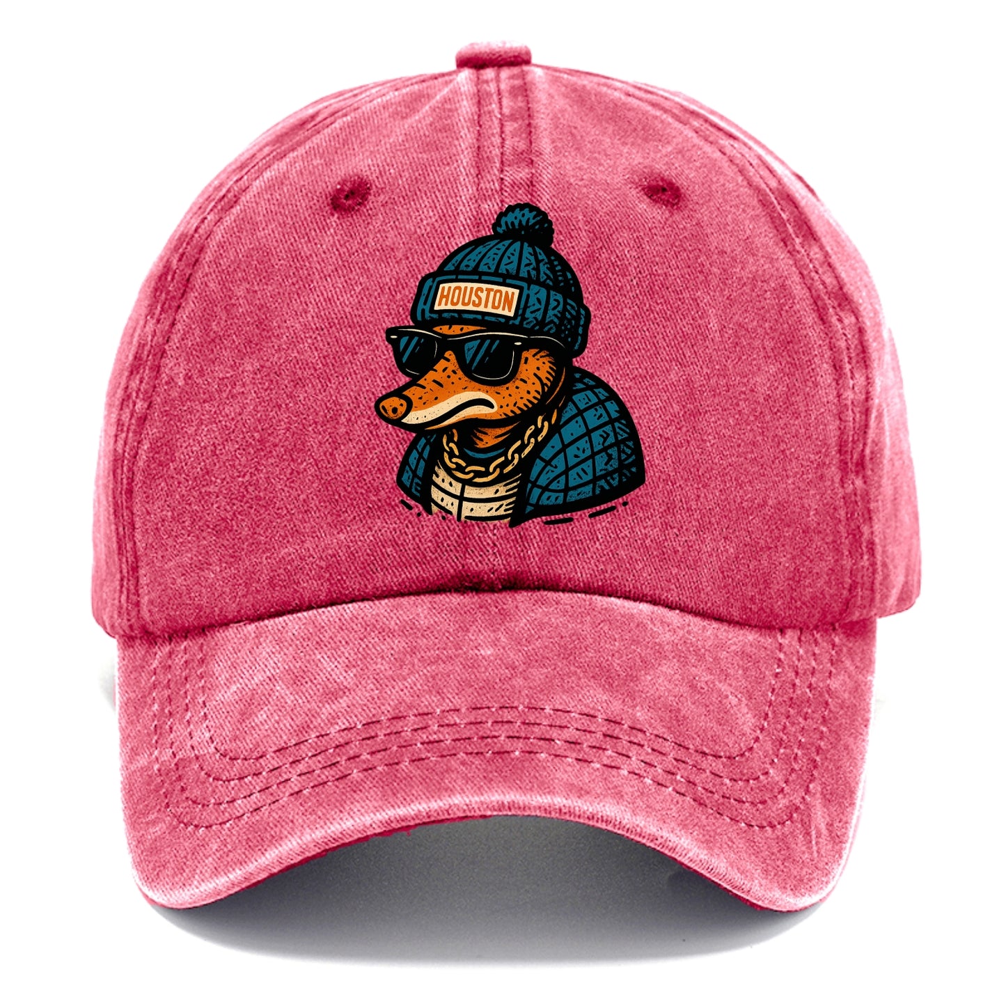 Houston Armadillo wearing Houston beanie with pom pom and wayfarer sunglasses - Classic Cap - Pomegranate Blush(Pink)