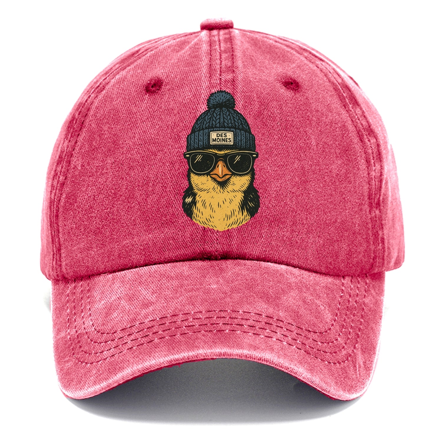 Iowa Goldfinch wearing Des Moines beanie with pom pom and wayfarer sunglasses - Classic Cap - Pomegranate Blush(Pink)