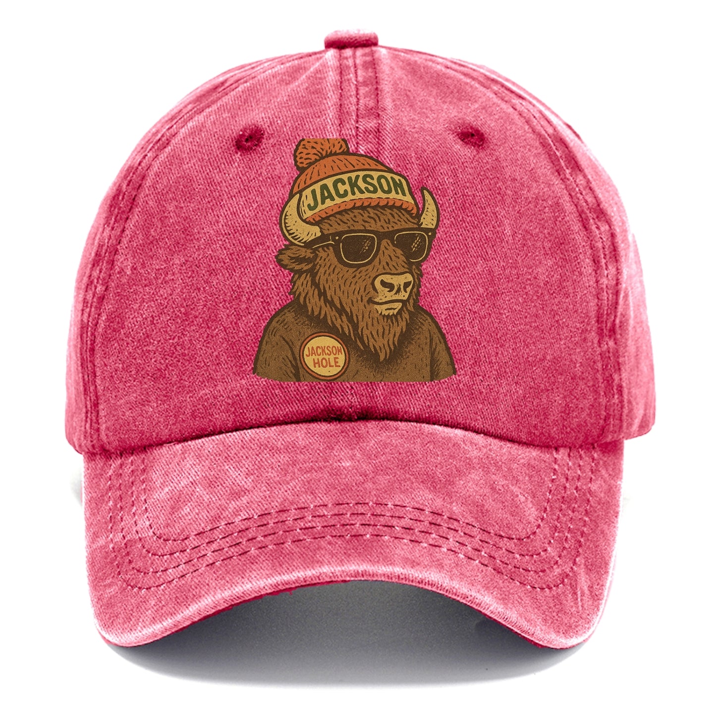 Jackson Hole Bison wearing Jackson beanie with pom pom and wayfarer sunglasses - Classic Cap - Pomegranate Blush(Pink)