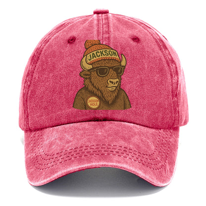 Jackson Hole Bison wearing Jackson beanie with pom pom and wayfarer sunglasses - Classic Cap - Pomegranate Blush(Pink)