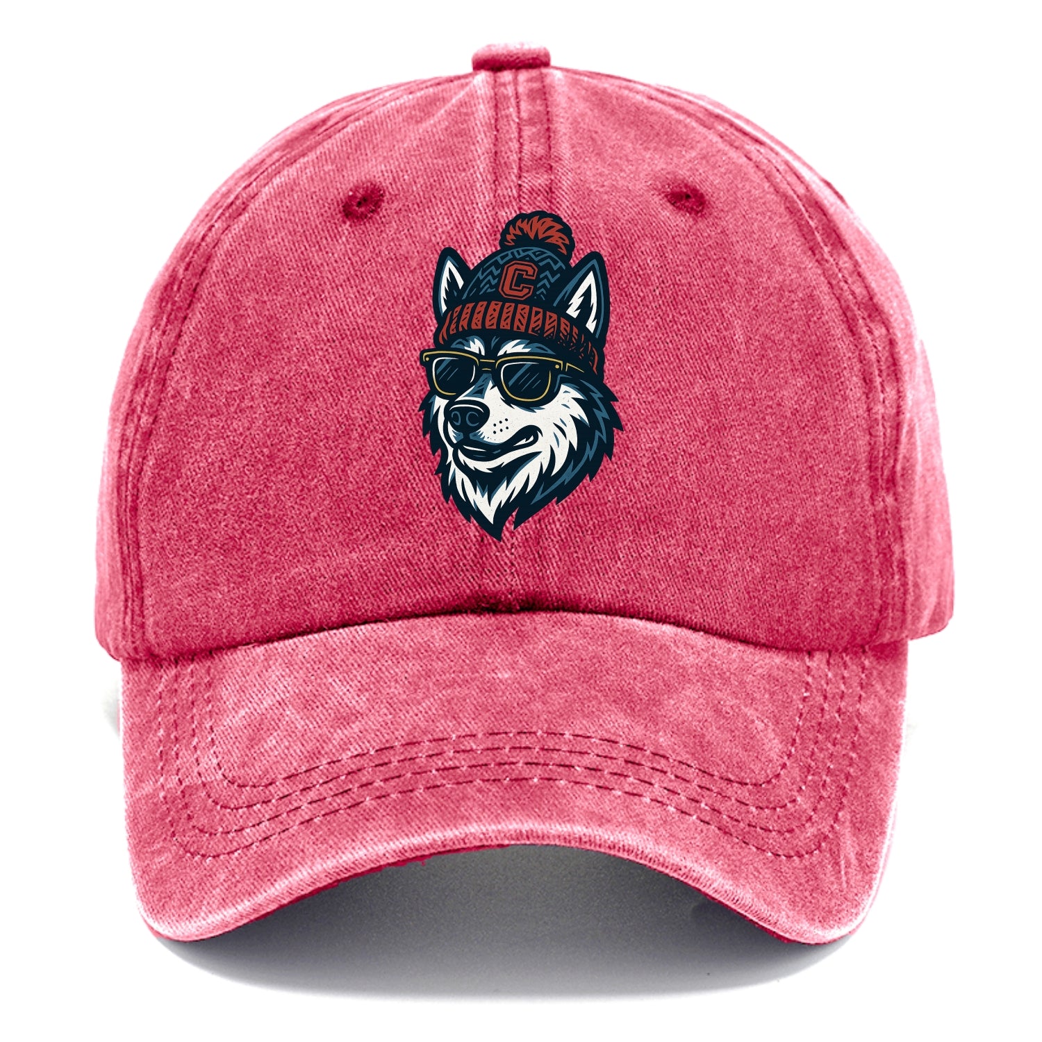 Storrs Husky wearing UConn beanie with C patch - Classic Cap - Pomegranate Blush(Pink)