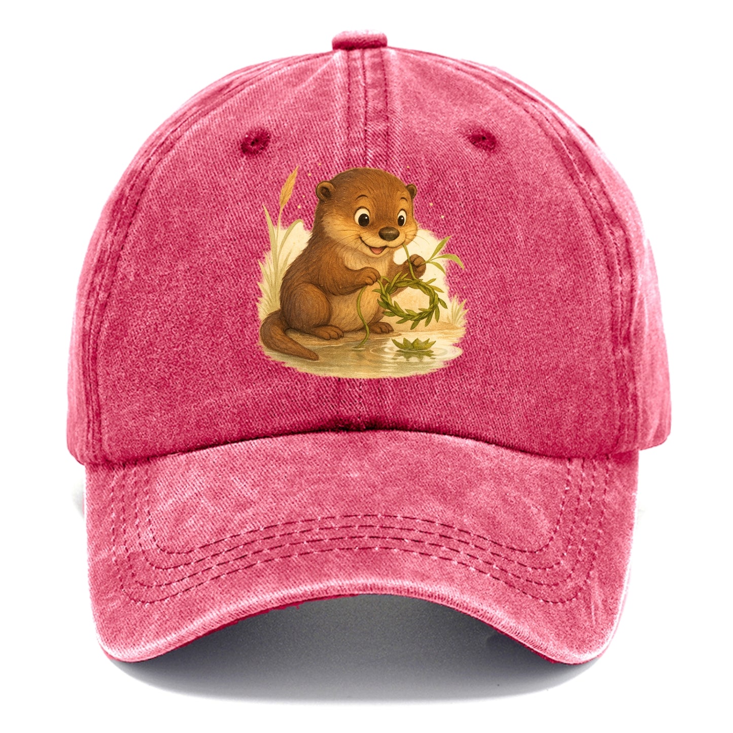 Otter weaving river reeds into a floating crown beside mirror-still water - Classic Cap - Pomegranate Blush(Pink)